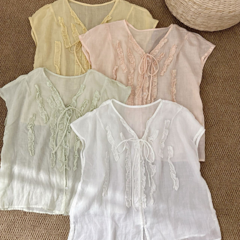 Ramie Pullover Shirt, Artistic Retro Lace-Up Vest, V-Neck Style, Elegant and Age-Reducing Slimming Top for Women