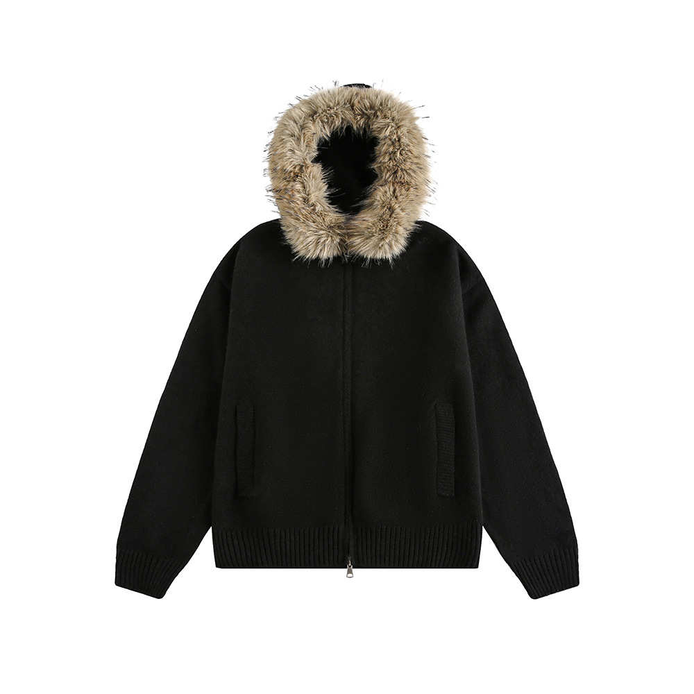 "Retro Detachable Faux Fur Collar Cardigan – Unisex Hooded Sweater Coat (Flower Gray/Black/Bluish/Apricot, S-XXL)"_viptrois.com
