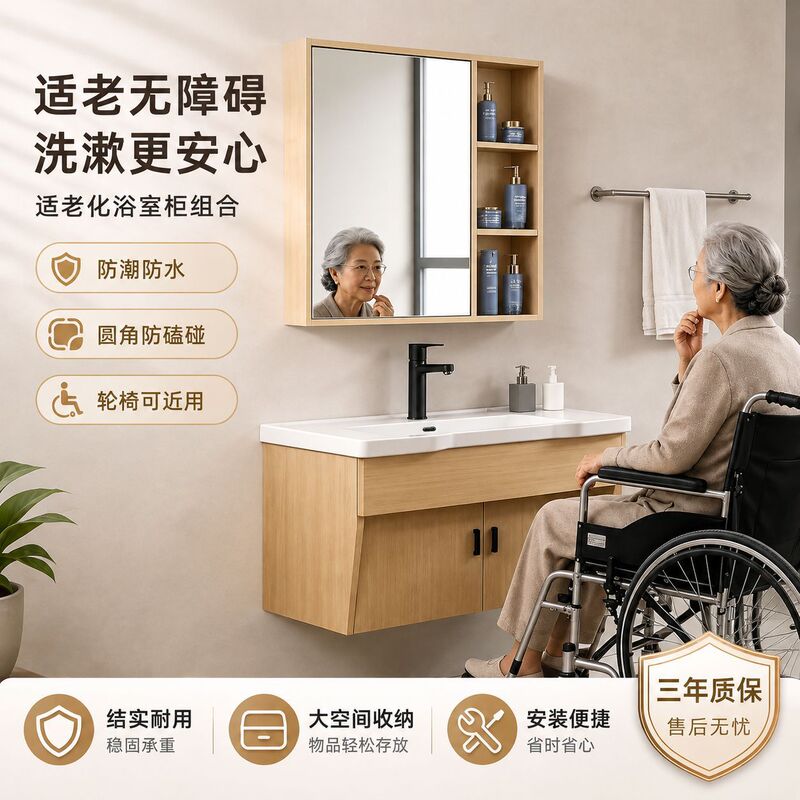 Elderly-friendly bathroom cabinet and mirror cabinet combination, waterproof, moisture-proof, anti-collision washbasin, barrier-free, suitable for seniors, custom-made bathroom cabinet Elderly-friendly bathroom cabinet and mirror cabinet combination, waterproof, moisture-proof, anti-collision washbasin, barrier-free, suitable for seniors, custom-made bathroom cabinet