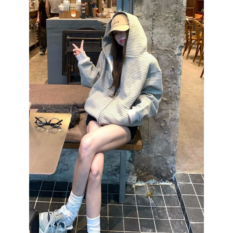 美式复古韩系连帽卫衣外套女秋季慵懒风宽松条纹撞色开衫百搭上衣|undefined