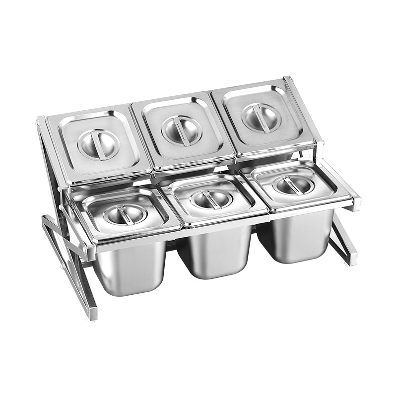 Estante de acero inoxidable 1/6 con compartimentos para tiendas de té con leche, caja para mermeladas, estante para cajas de condimentos, bandeja para perlas, estante para cajas de salsas.