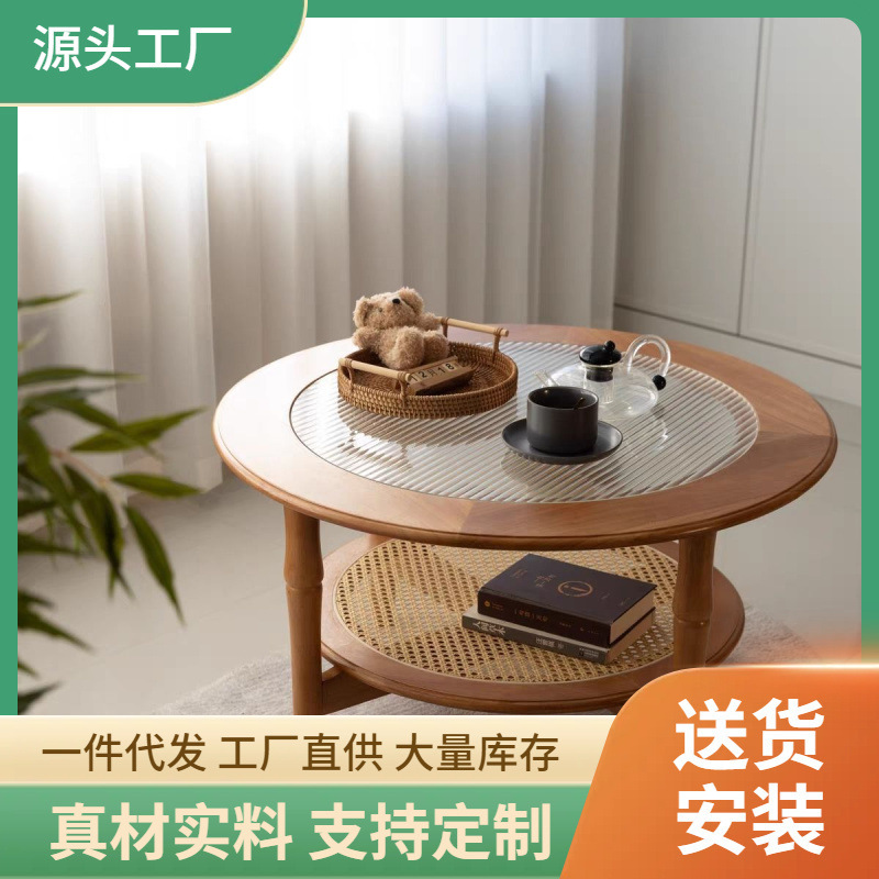 Solid Wood Rattan Double-Layer Round Coffee Table for Home Use in Living Room, Small Apartment, Vintage Wabi-Sabi Style, Stable and Load-Bearing, Trendy Coffee Table Solid Wood Rattan Double-Layer Round Coffee Table for Home Use in Living Room, Small Apartment, Vintage Wabi-Sabi Style, Stable and Load-Bearing, Trendy Coffee Table