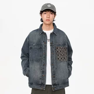 美式精密刺绣口袋牛仔外套男2026春季宽松拼接工装夹克青春流行