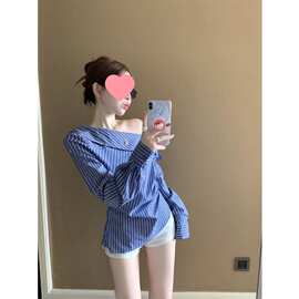 不规则蓝色条纹斜肩长袖衬衫女秋季小众修身衬衣纯欲显瘦上衣