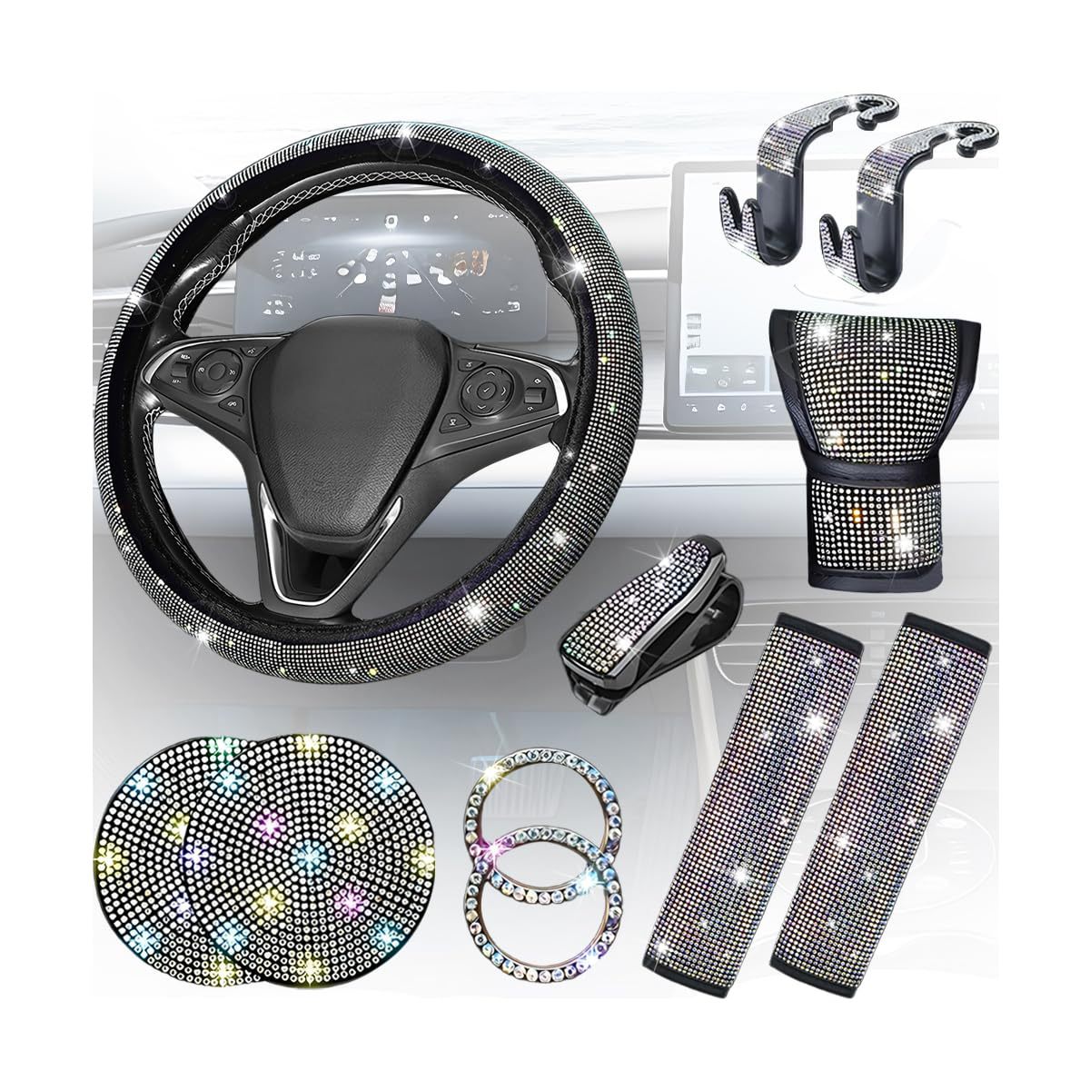 11-Piece Car Interior Set with Diamond-Encrusted Steering Wheel Cover, Car Hook, Glasses Holder, One-Touch Start Ring