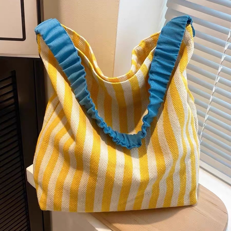 工厂直销简约条纹大容量帆布包单肩托特休闲购物手提袋可印logo