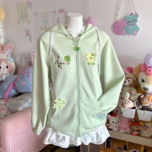 日系可爱四叶草小猫浅绿色秋冬连帽卫衣女甜妹百搭拉链开衫外套女