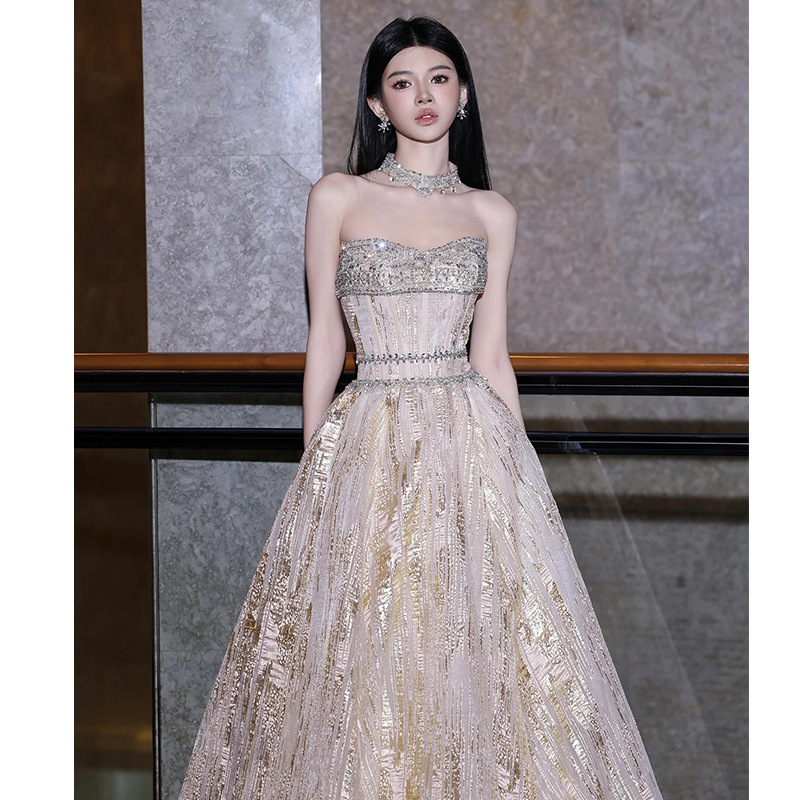 Banquet Evening Dress 2026 New Light Champagne Color Strapless Graduation Season Coming-Of-Age Ceremony Long Dress Birthday Party Mini Dress Banquet Evening Dress 2026 New Light Champagne Color Strapless Graduation Season Coming-Of-Age Ceremony Long Dress Birthday Party Mini Dress