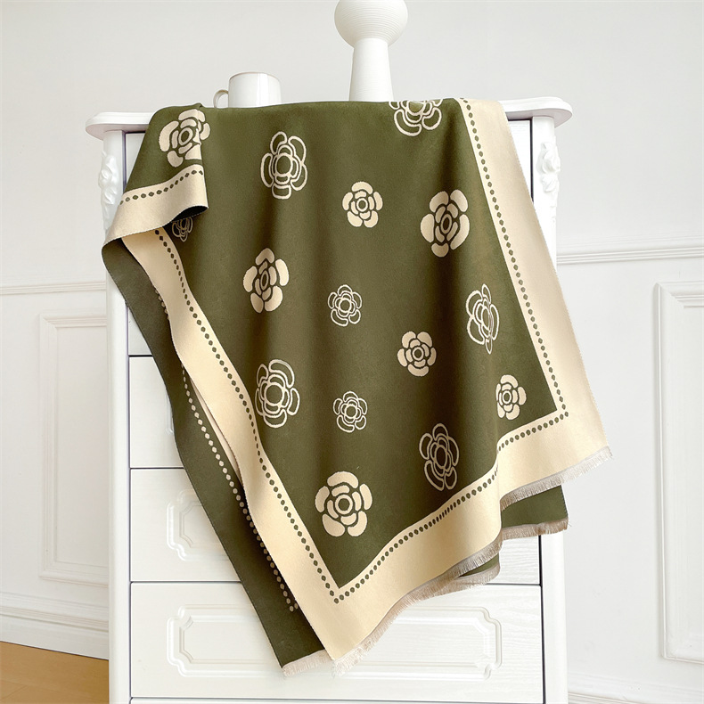 Temperament small fragrant scarf women's versatile coat decorative warm camellia scarf dual-purpose cashmere shawl thick_voghion.com