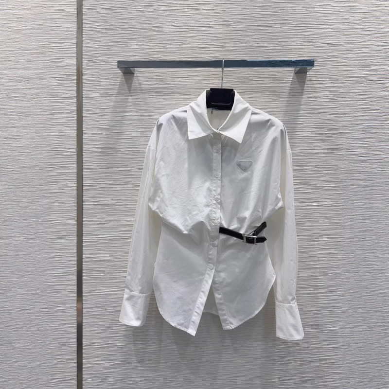 Waist-Cinching Leather Buckle Long-Sleeve Shirt for Women, Spring 2026 New Versatile Triangle Logo Women's Shirt Top, Loose Fit
