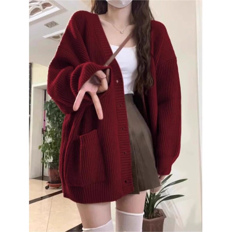 Red Zodiac Year Sweater Jacket for Women 2026 Spring and Winter New Retro Lazy Style Knitted Cardigan Loose Collar Top