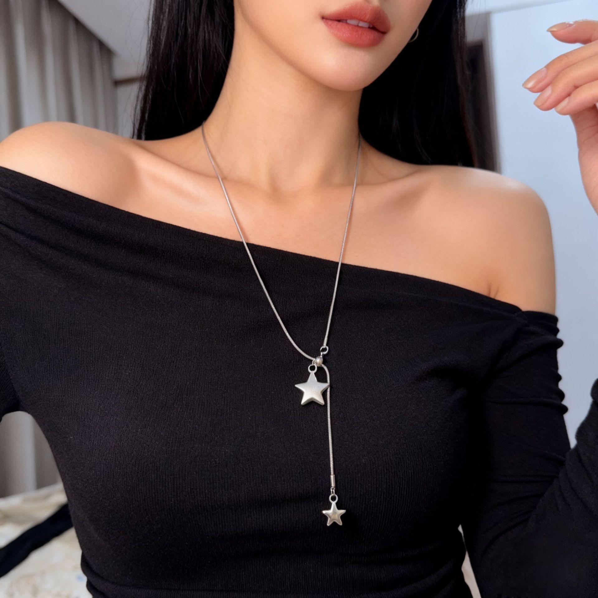 韩系星星流苏长款抽拉式项链女简约百搭高级感可调节五角星毛衣链