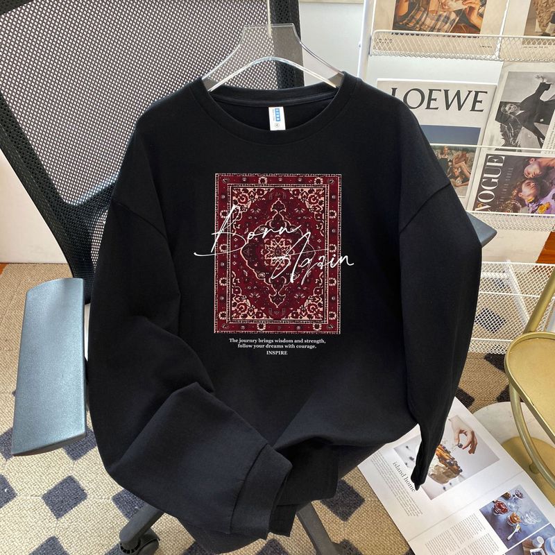 綿100%の長袖Tシャツ、レイジースタイル、多用途、ヨーロッパとアメリカンスタイル、初秋のファッションプリント、シックなレトロトップス、トレンディ|undefined