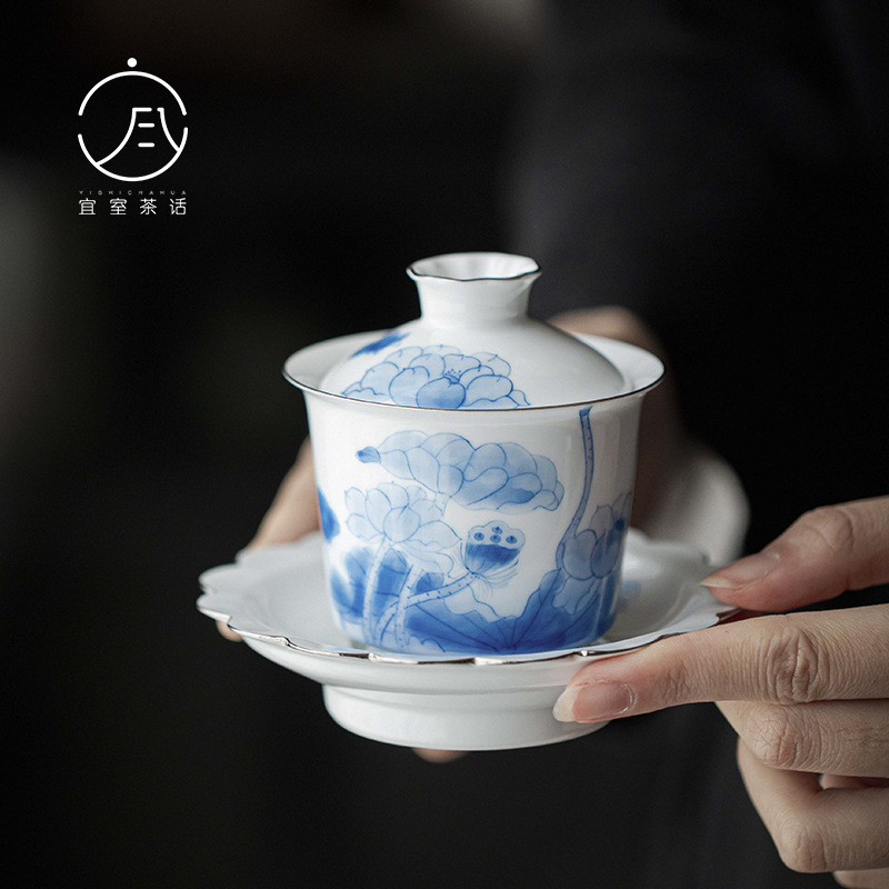 宜室茶话 手绘荷花三才盖碗 功夫茶具家用陶瓷泡茶碗单个仿烫茶碗