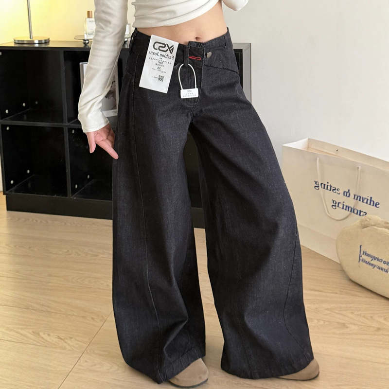 Women's raw denim wide-leg jeans, 2026 autumn new model, high-waisted, slimming, with an asymmetrical waistband design, straight-leg, floor-length pants Women's raw denim wide-leg jeans, 2026 autumn new model, high-waisted, slimming, with an asymmetrical waistband design, straight-leg, floor-length pants