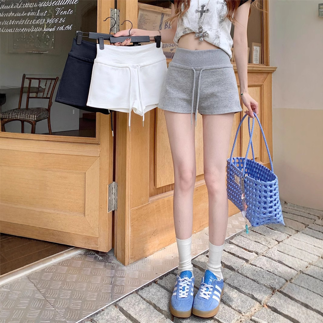 High-Waisted Drawstring Hip-Hugging Hot Pants for Women, Summer White Shorts, Casual Pants, Slimming Gray Sports Pants, Straight Pants, Trendy