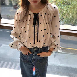 波点蝴蝶结灯笼袖衬衫女春秋设计感长袖雪纺衬衣春夏上衣