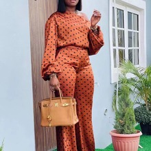 2024欧美跨境春秋女装潮流波点印花长袖长裤休闲时尚宽松斜肩休闲