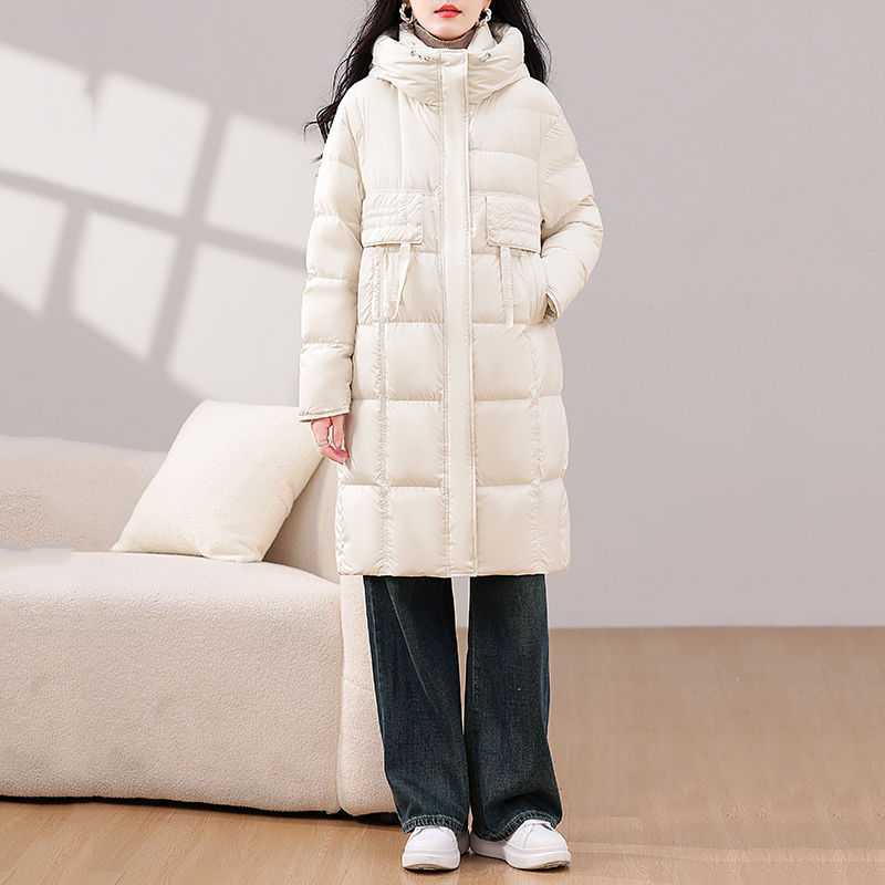 白鸭绒休闲过膝长款连帽羽绒服女2025冬新款宽松保暖洋气时尚外套|undefined