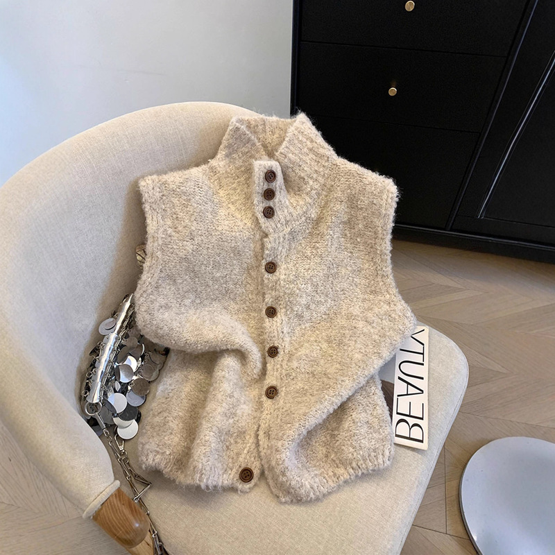 Apricot Soft Waxy Knitted Vest Cardigan for Women Autumn and Winter New Korean Style Loose Stand-Up Collar Sleeveless Sweater Vest Jacket Trendy