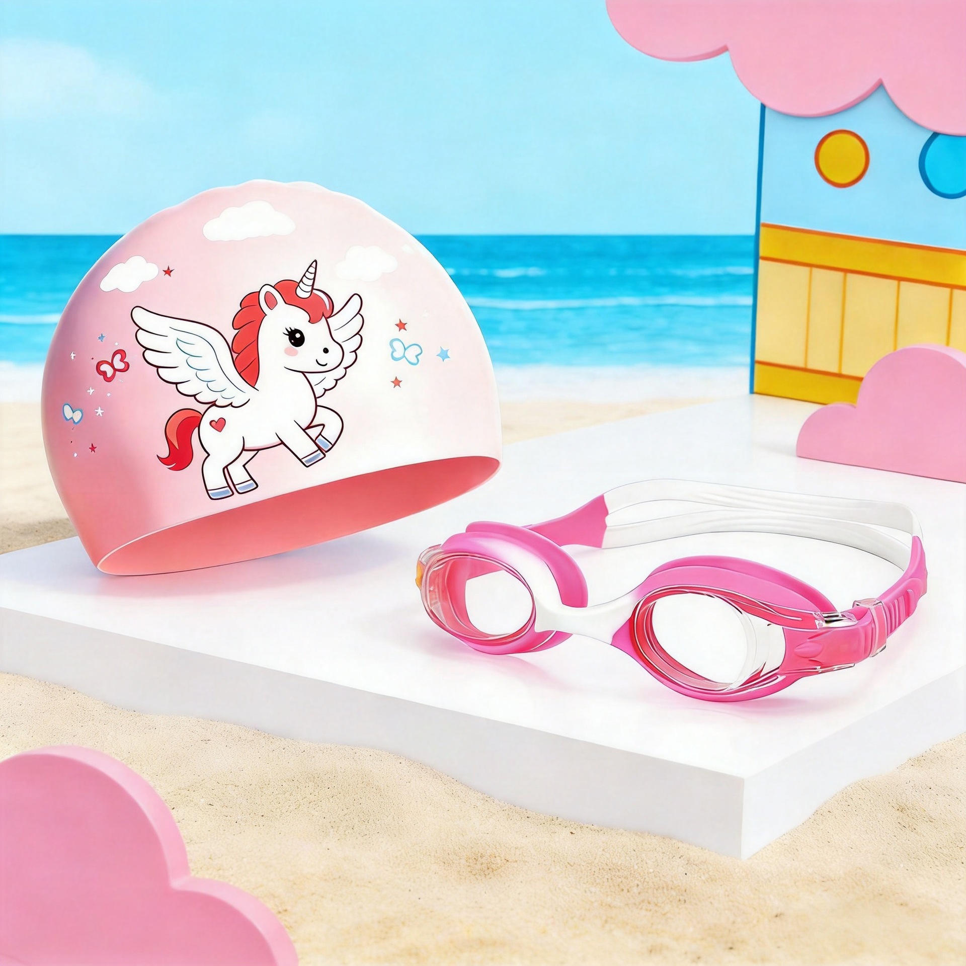 50 g gorra de baño Pegasus + gafas transparentes de color rosa
