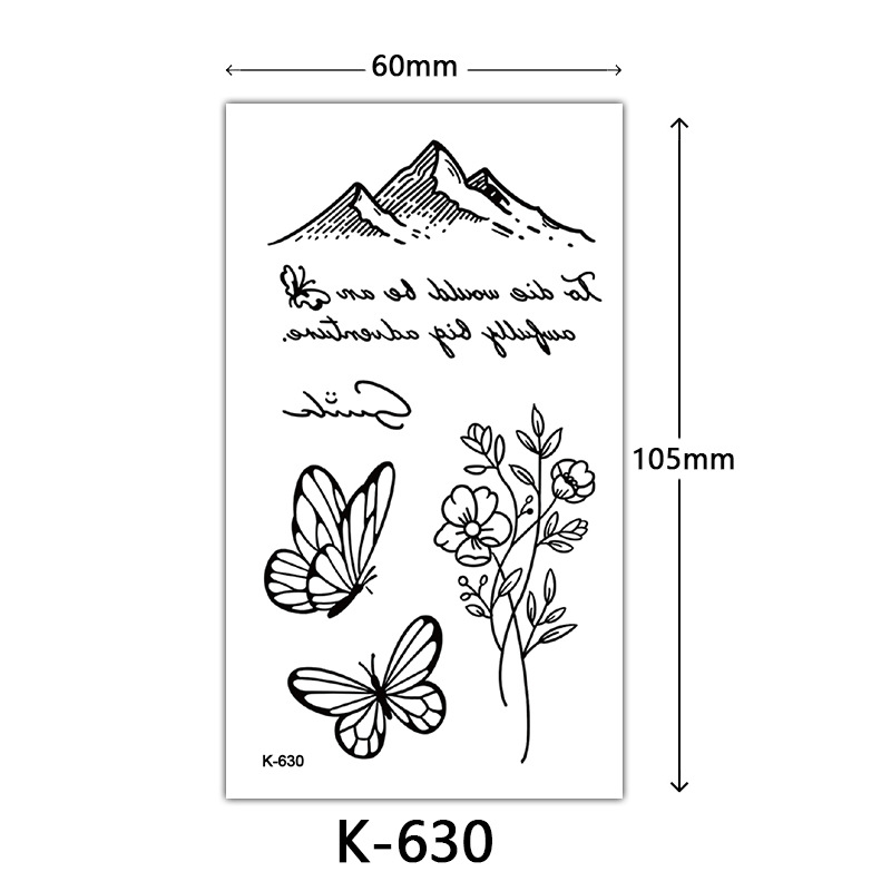 Pequeñas pegatinas de tatuaje frescas letras inglesas flores mariposas líneas de boceto pegatinas de tatuaje impermeables tatuaje