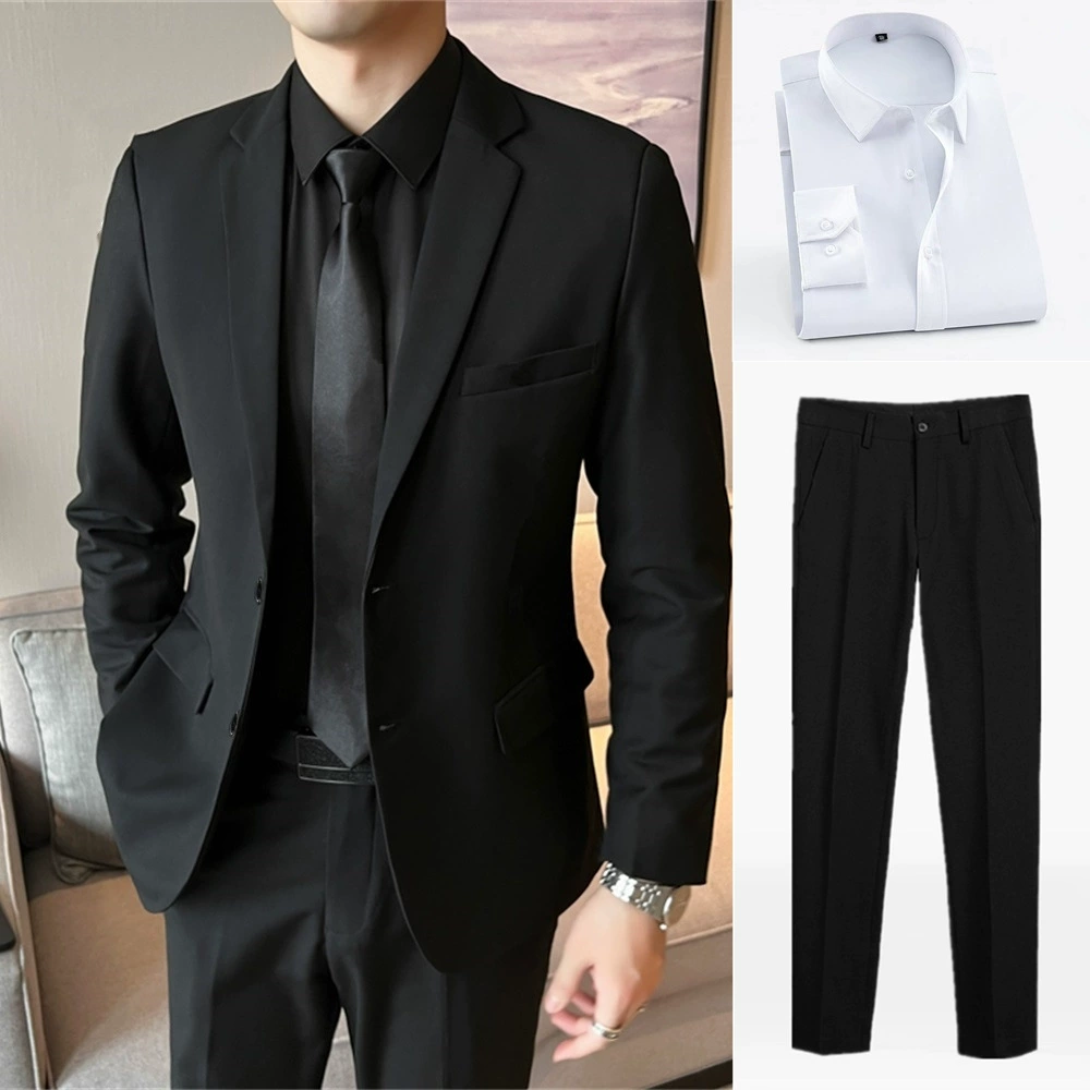 Мужской классический костюм‑пиджак slim fit, чёрный, высокое качество, с опцией галстука
