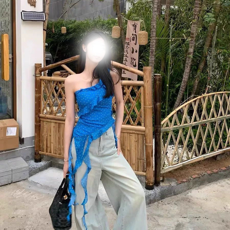 Irregular Blue Polka Dot Slanted Shoulder Camisole Women's Summer Ruffled Slim Sleeveless Outer Wear Design Top