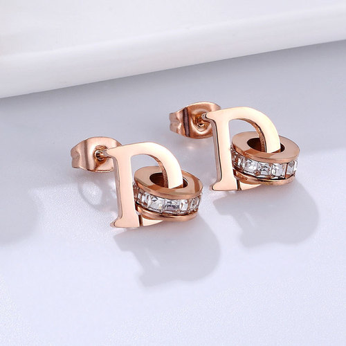 New Personality Gold D Letter Square Diamond Earrings Creative Style Simple Girl Earrings Rose Gold Earrings Wholesale