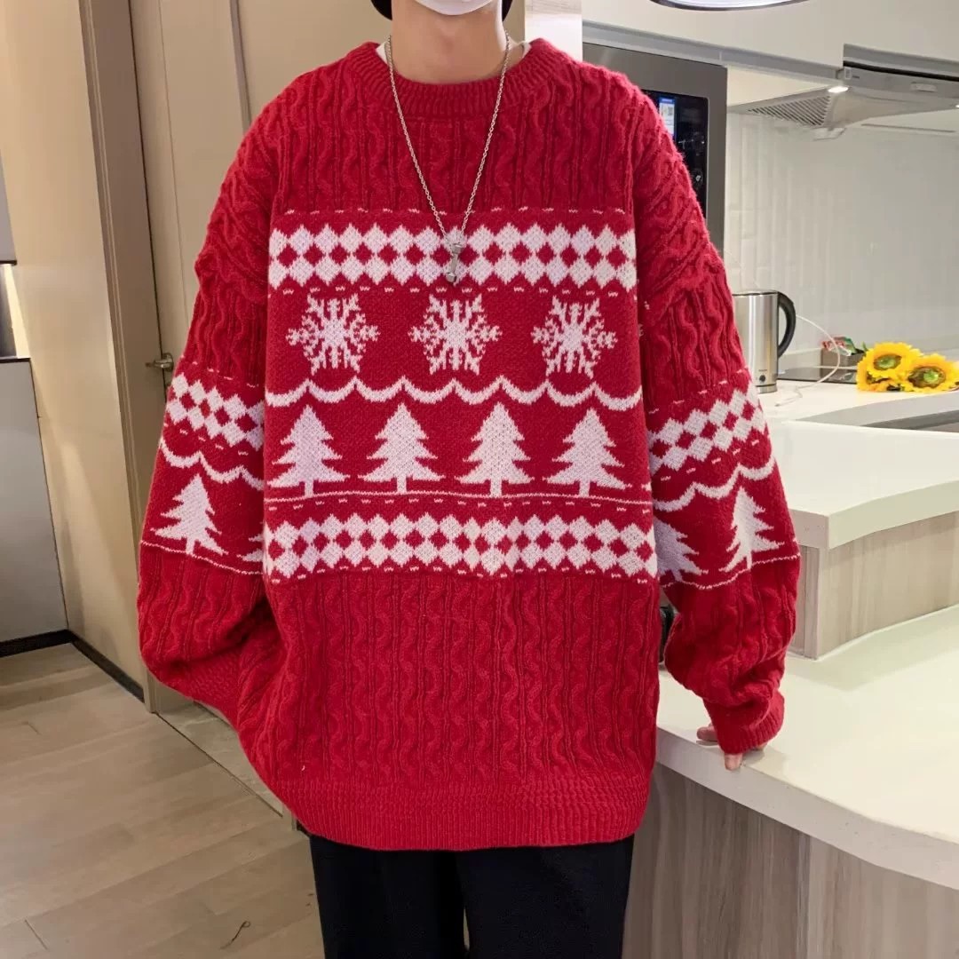 圣诞红色毛衣男冬季oversize针织衫宽松加厚复古慵懒风外套情侣装