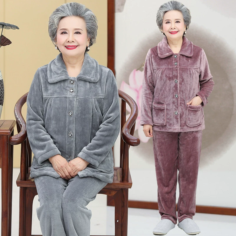Осенне-зимняя пижама из кораллового флиса для женщин среднего и пожилого возраста, утолщенная домашняя одежда для мамы, кардиган для бабушки, фланелевый комплект из двух предметов