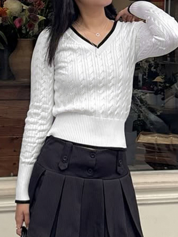 甜美清新风修身显瘦学院风毛衣少女风v领套头纯色时尚长袖上衣|undefined