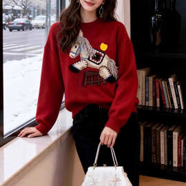 2025冬季女小马刺绣羊毛针织衫韩版氛围感圆领毛衣女小马开衫毛衣