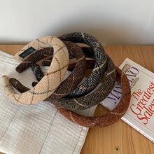复古咖色系格纹高颅顶海绵发箍女秋冬毛呢气质宽边头箍外戴发饰