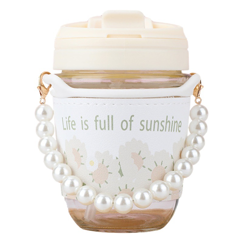 Perla doble taza de beber vidrio aislante apertura regalo logo empuje paja taza oficina hogar taza de agua al por mayor