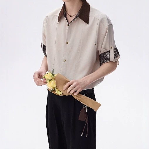 Retro Color-Block Patchwork Shirt for Men, New Summer Style, Turn-Down Collar, Short Sleeve, Buttoned, Loose Fit, Trendy, Unique, Versatile Shirt