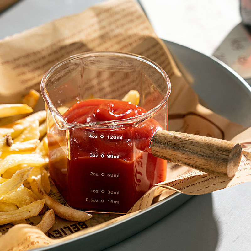 Wooden Handle Glass Small Milk Cup Espresso Glass Cup Graduated Measuring Cup Double Mouth Sharing Pot Latte Cup Mini Milk Jug