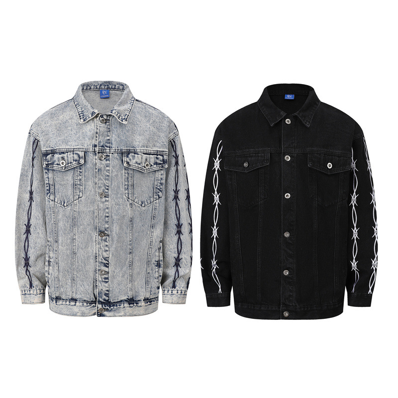 Herrenbekleidung im Retro-Stil, weiße, abgenutzte Herren-Jacquard-Jeansjacke, personalisierte Jeansjacke, gerade und weit, lockere und bequeme Oberbekleidung, Jeansjacke_voghion.com