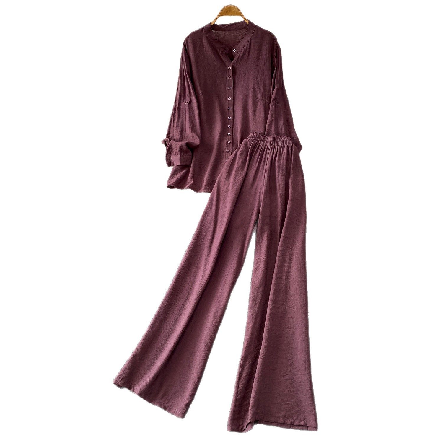 Mambo Mint Green Women's Clothing Set Refreshing Skin Friendly Breathable Loose Fitting Long Sleeved Shirt Jacket with High Waisted Wide Leg Pants_ecoleips.com