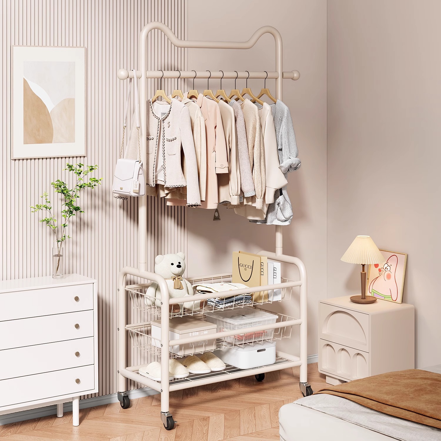 Colgar percha de ropa balcón doméstico simple secado de ropa red móvil con rueda de tres capas percha de ropa de dormitorio percha de sombrero