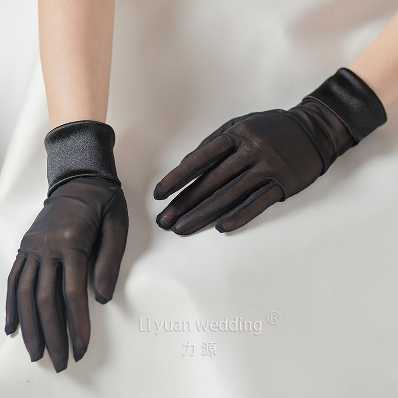 Nuevos guantes de novia para vestido de novia, guantes elásticos de satén simples negros de alta elasticidad para fotos, guantes elegantes para adultos