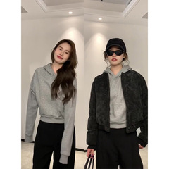 灰色短款连帽卫衣女秋季正肩显瘦修身2025新款小个子初秋穿搭即墨