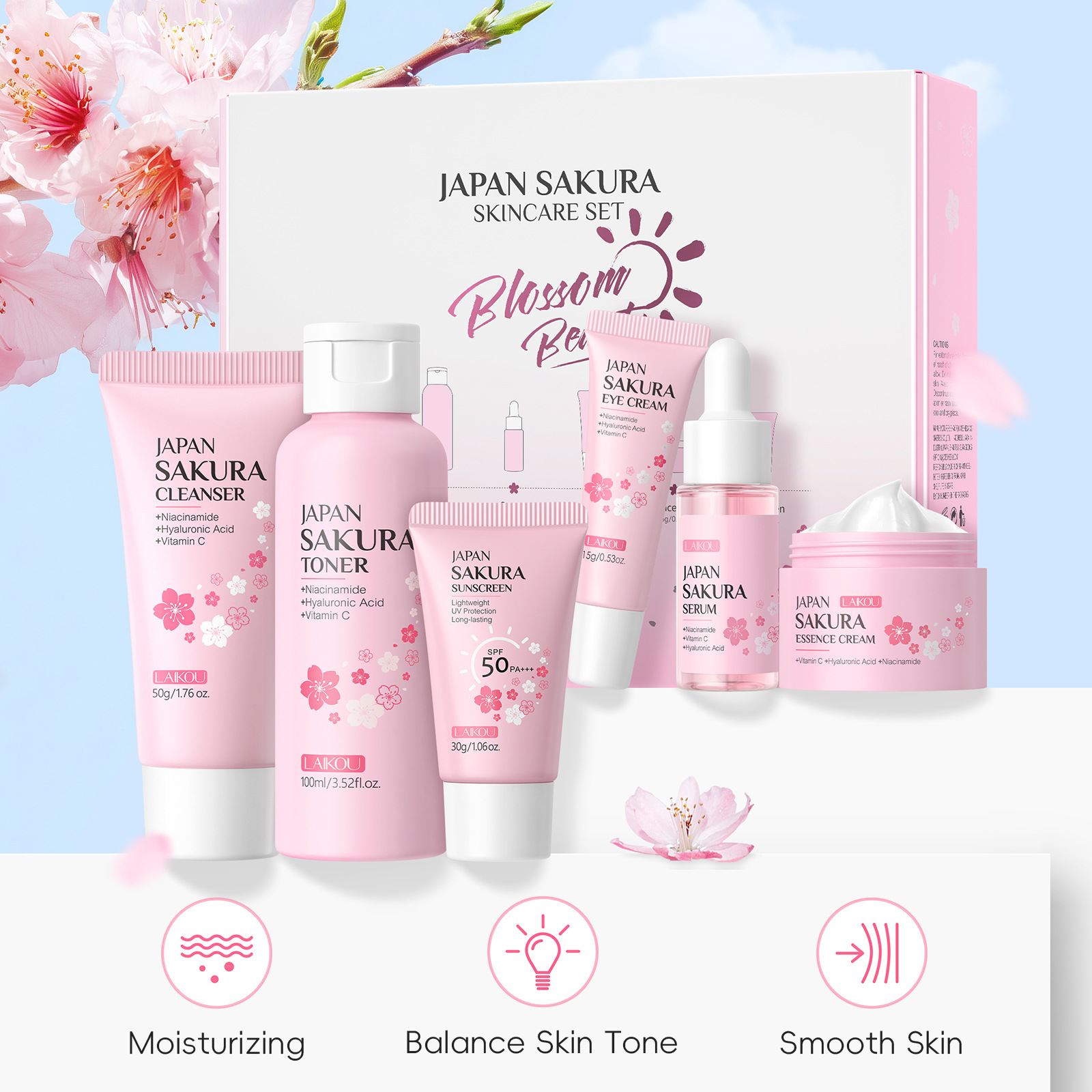 LAIKOU flor de cerezo cuidado de la piel de seis piezas Esencia de limpieza Crema para los ojos crema Toner protector solar transfronterizo image 3