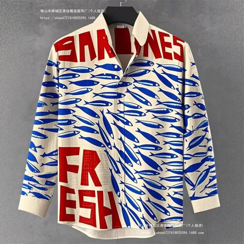 2025 New Retro Style Fish 3D Printed Men's Shirt Fashion Design Casual Linen Comfortable Fabric Button-Down Long