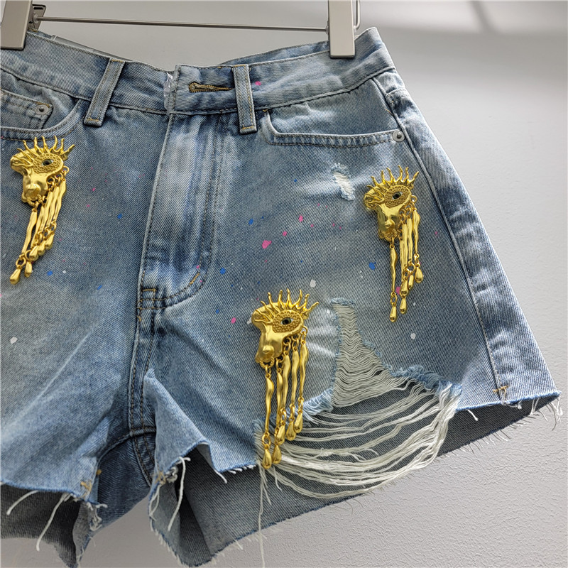 Shorts de Mezclilla Desgastados de Poliéster con Flecos Metálicos para Verano