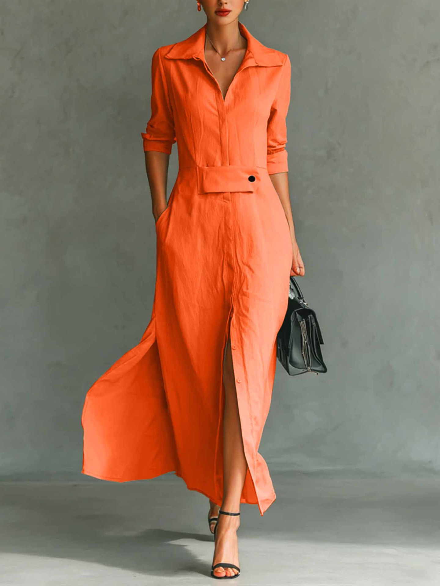 2026 European And American Cross-border Independent Station Long-sleeved Casual Elegant Slit Shirt Dress_ecoleips.com