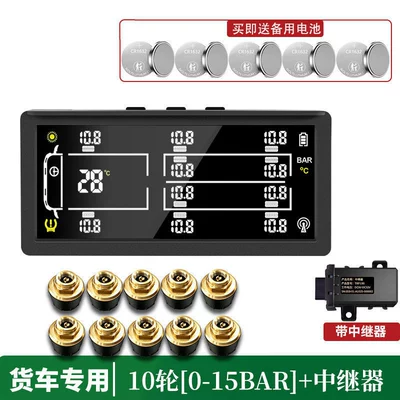 for large trucks, engineering vehicles, fire | Tire pressure monitoring system - 10-wheel-0-15bar-alloy-base-repeater-specialized-for-large-trucks-with-time-interior-temperature-display