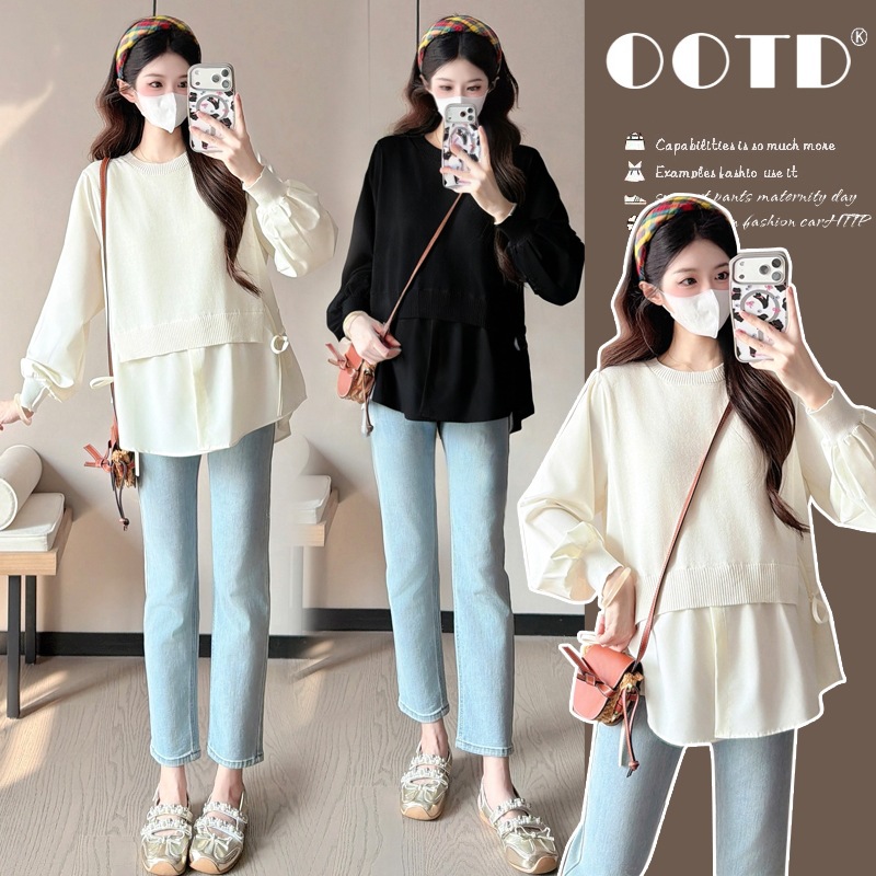 Real shot of the new 2026 maternity autumn outfit: sweet, loose, slimming, long-sleeved babydoll top, versatile and age-reducing, faux two-piece top