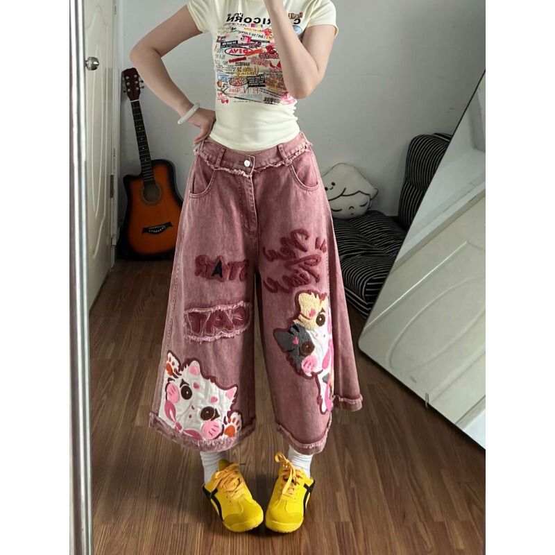 Super Stylish Denim Capri Pants for Women, 2026 Summer American Retro Cartoon Embroidery Loose Wide-Leg Casual Mid-Length Pants Super Stylish Denim Capri Pants for Women, 2026 Summer American Retro Cartoon Embroidery Loose Wide-Leg Casual Mid-Length Pants