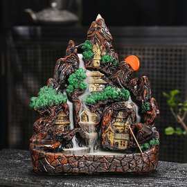 假山流水生财摆件家居桌面树脂装饰礼品乔迁开业客厅招财倒流香炉